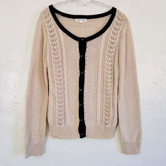 Cable Knit Cardigan Sweater Women's S Cream & Black Preppy Delicate Crochet - Picture 1 of 9
